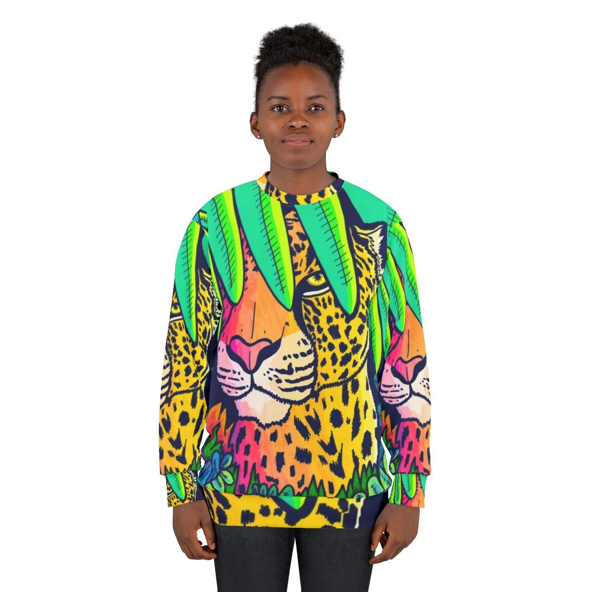 Jungle leopard print sweatshirt with vibrant, nature-inspired design - women