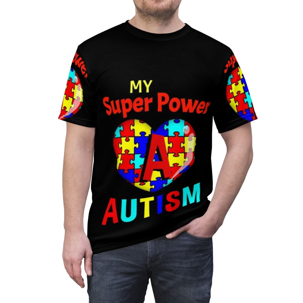 Autism superpower awareness t-shirt with puzzle pieces and heart design - men front