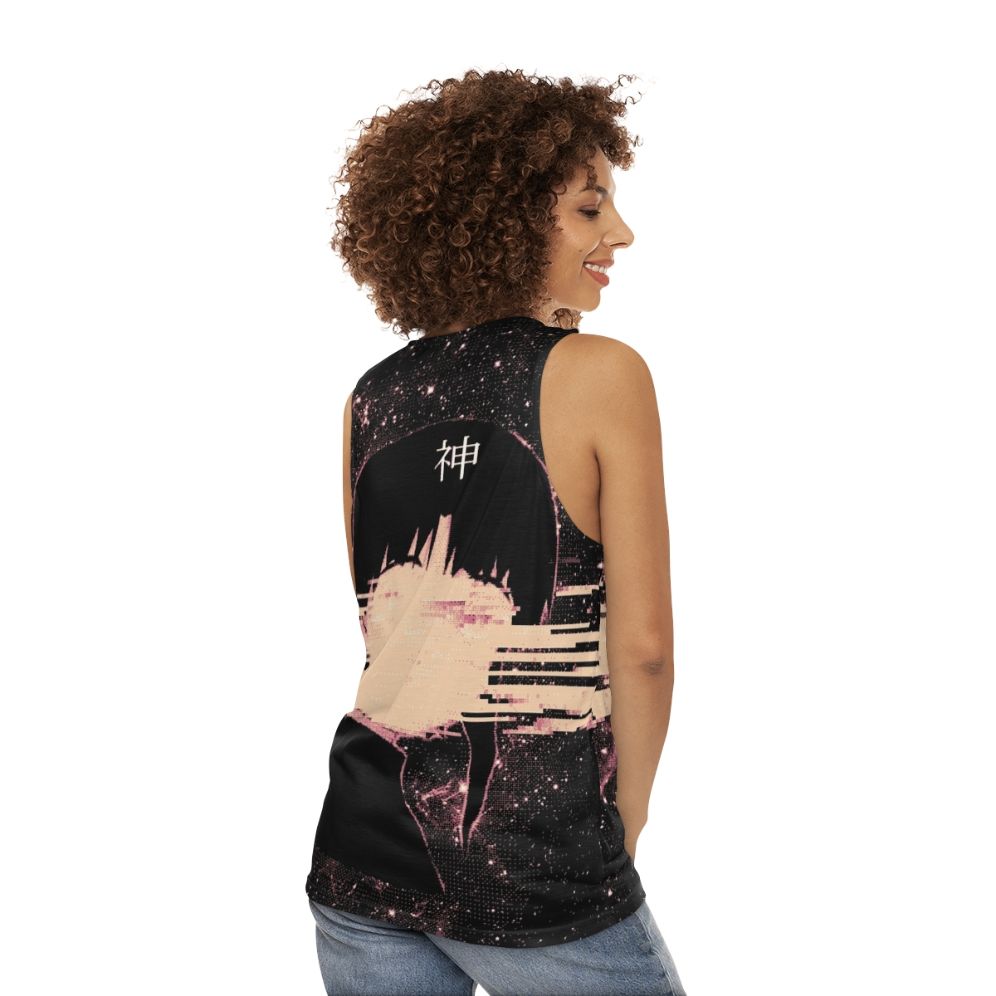 Cosmic unisex tank top with space, glitch and pixel art design - women back