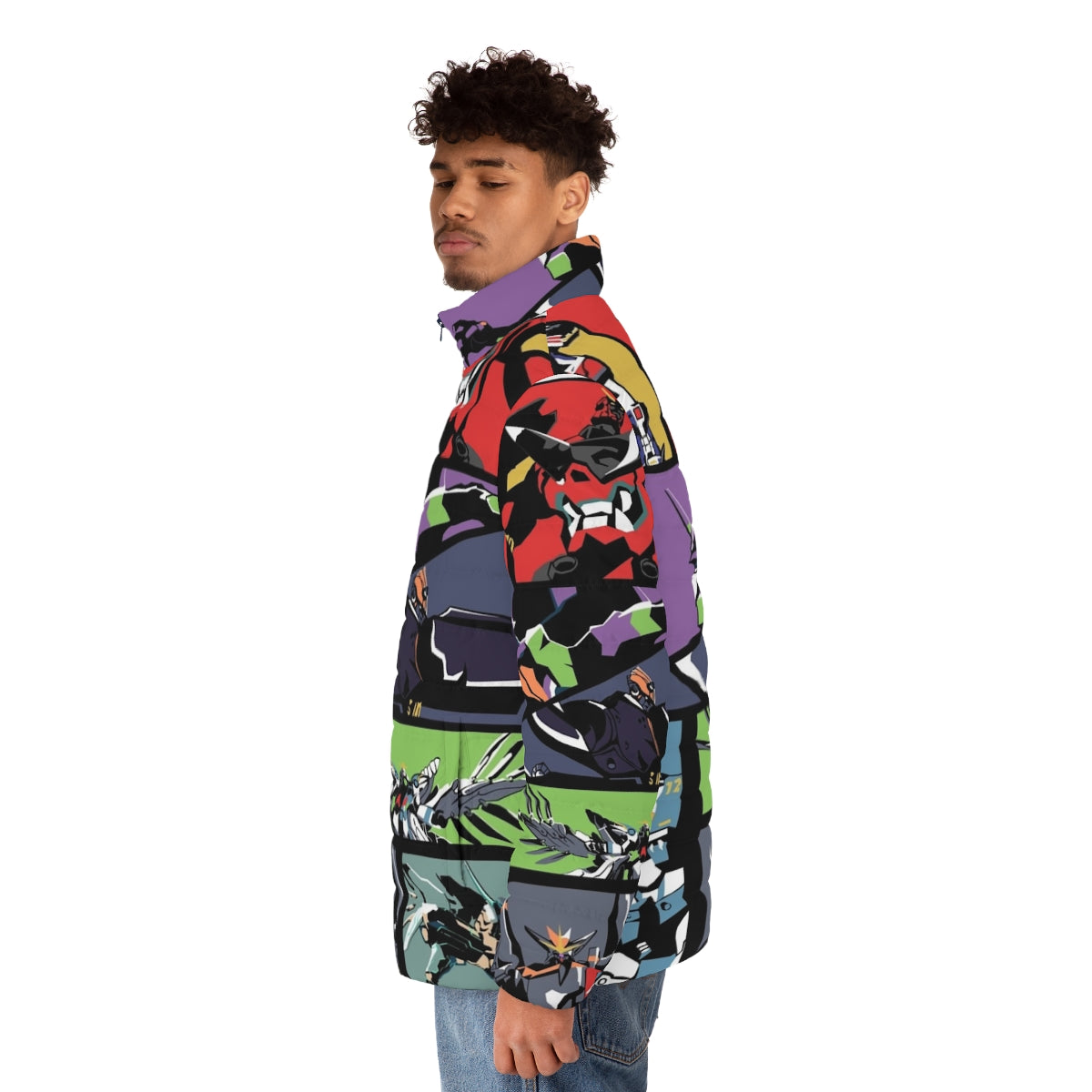 Super Robots Puffer Jacket, futuristic mecha inspired outerwear - men side left