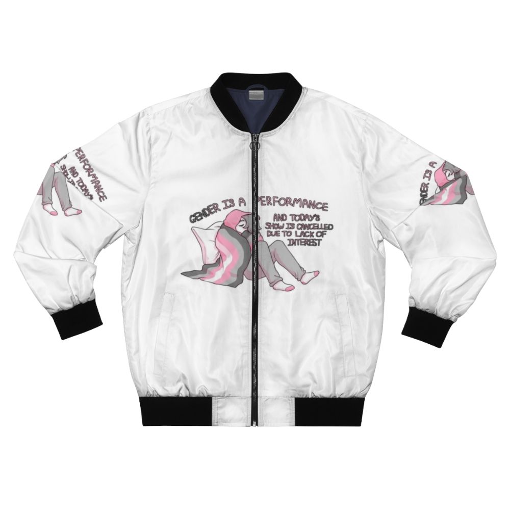 Demigirl pride bomber jacket with gender-fluid design and transgender pride colors