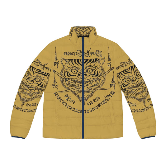 Traditional Thai tattoo-inspired puffer jacket featuring a tiger and swords design