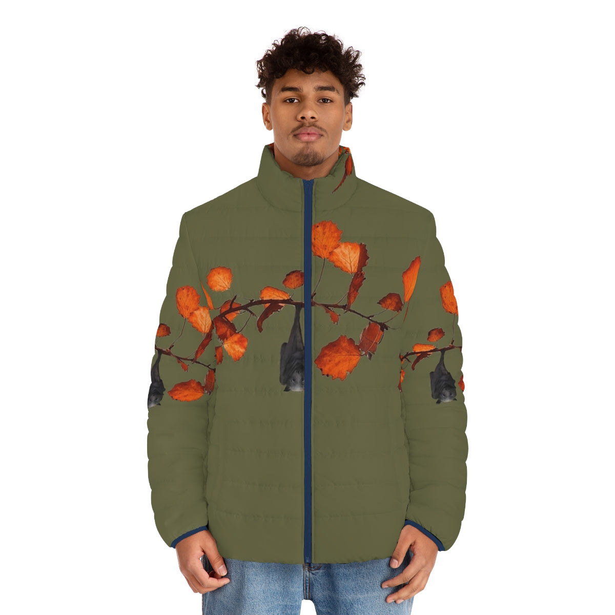 Moss green puffer jacket with a cute hanging bat design - men front