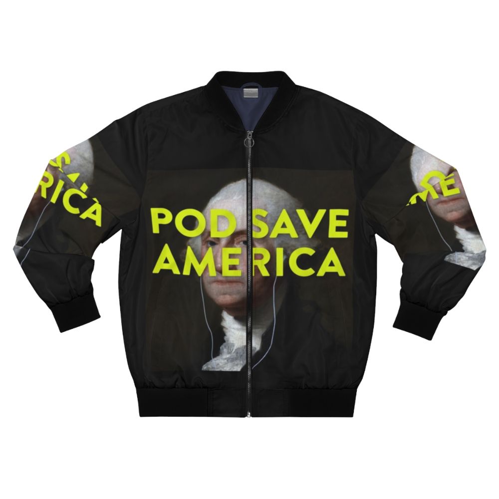 "Pod Save America logo bomber jacket with George Washington design"