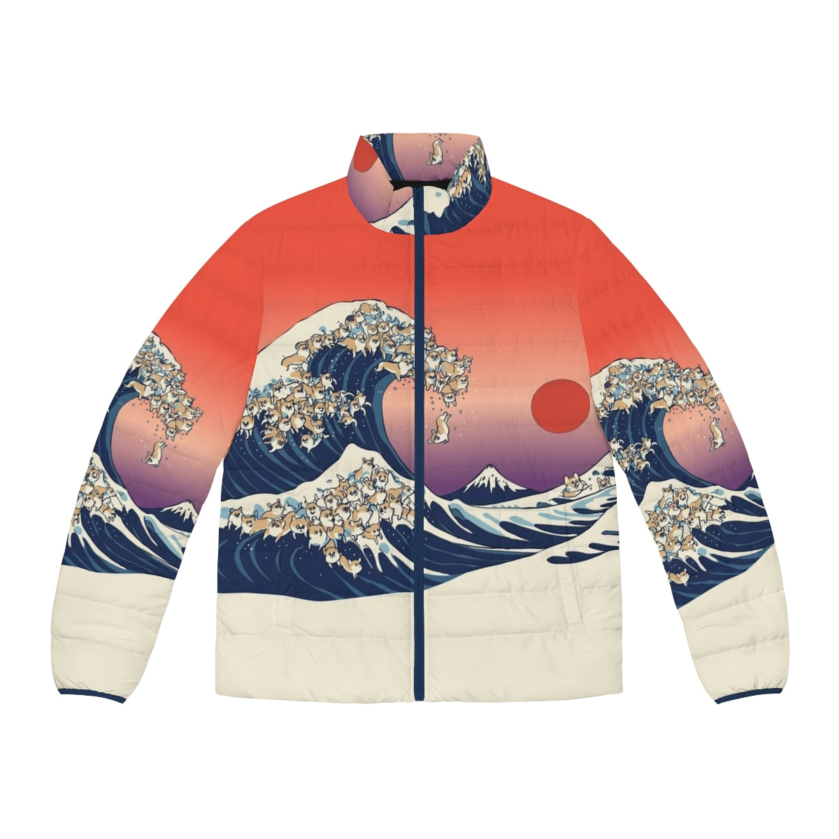 Corgi wearing a puffer jacket with the famous "Great Wave off Kanagawa" design