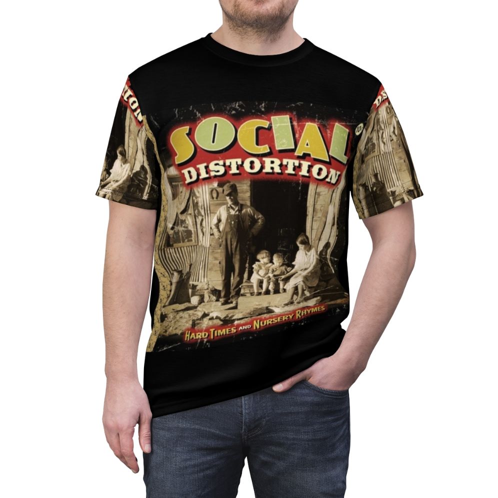 Stylish Social Distortion inspired graphic tee shirt with "Hard Times And Nursery Rhymes" design - men front