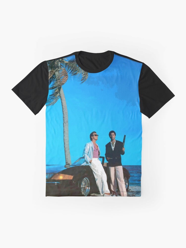 Retro Miami Vice inspired t-shirt featuring a blue graphic design with the words "Miami Vice" and characters Crockett and Tubbs from the 1980s TV series. - Flat lay