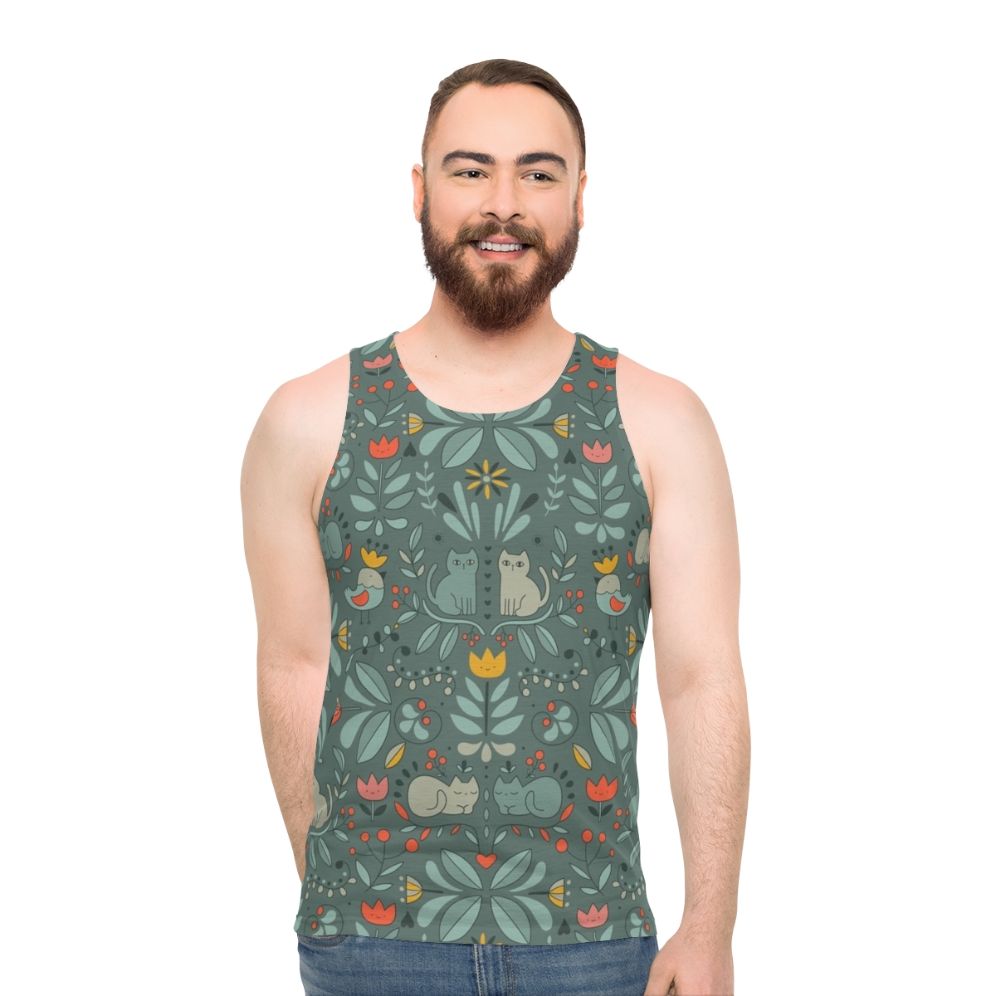 Unisex tank top with a whimsical Swedish folk cat graphic design - men