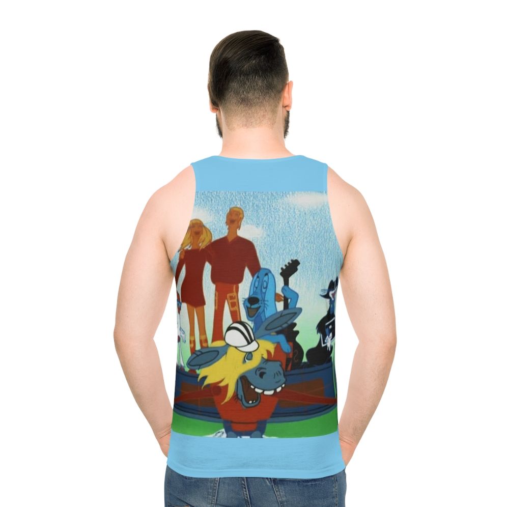 Unisex tank top featuring characters from the Soviet cartoon "The Musicians From Bremen" - men back