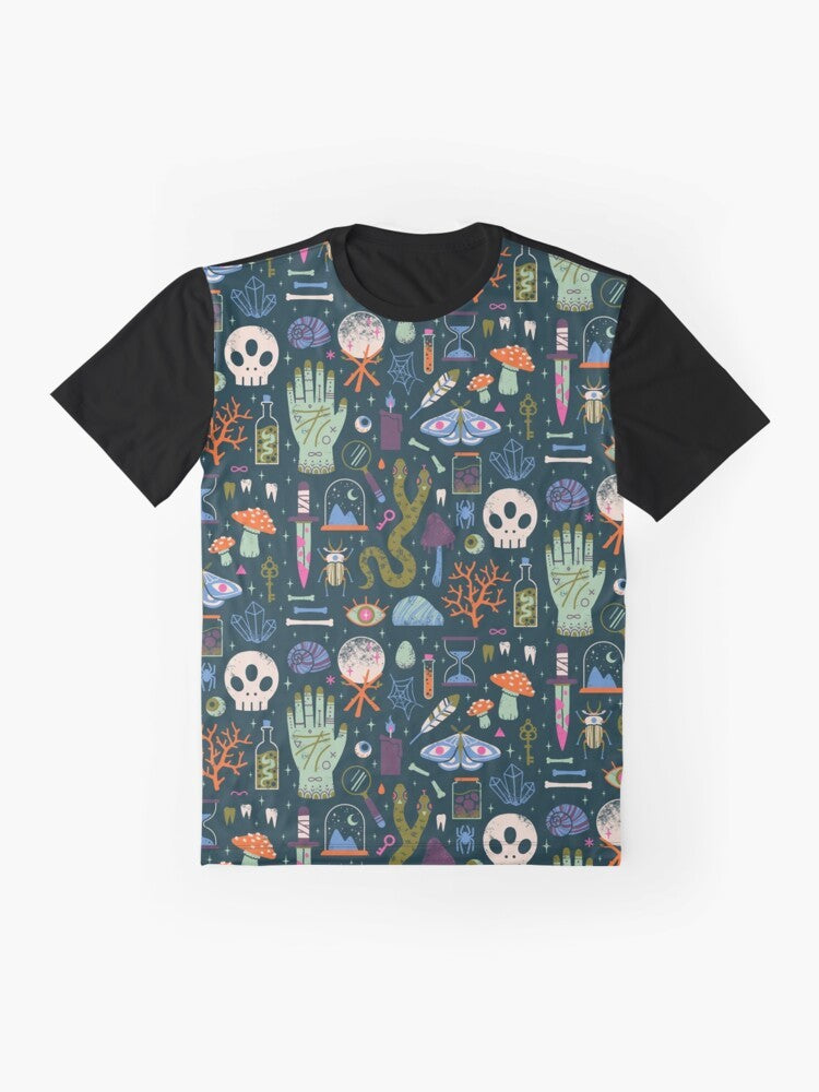 Cabinet of Curiosities Graphic T-Shirt featuring a collection of occult and natural elements - Flat lay