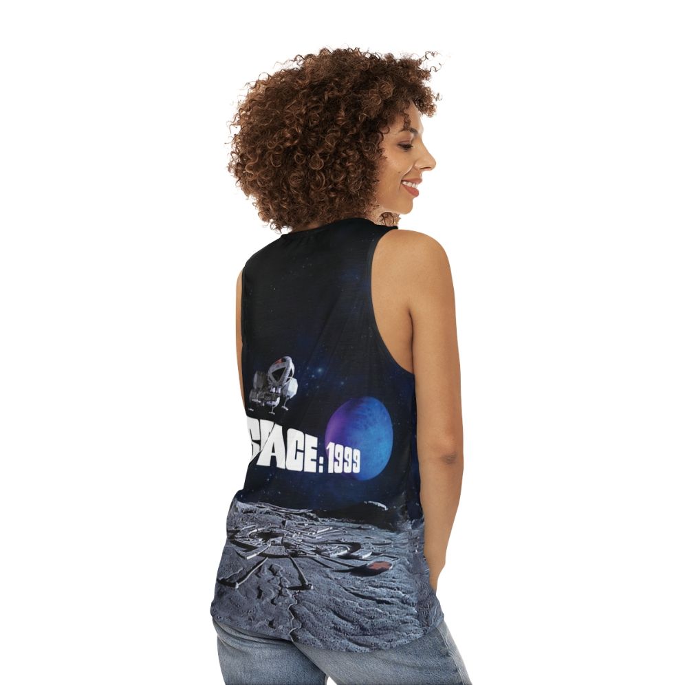 Retro sci-fi unisex tank top with eagle and planet design - women back