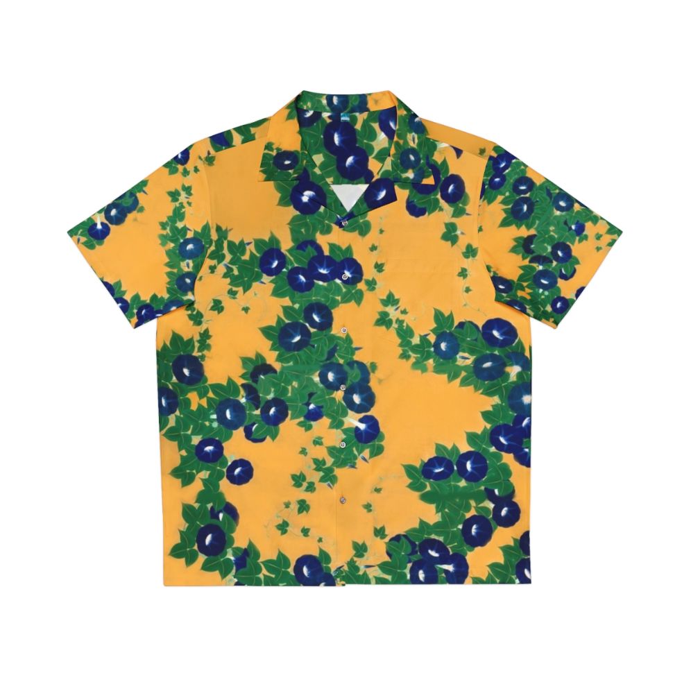 Blue morning glory flowers inspired by Edo period Japanese artwork printed on a Hawaiian shirt