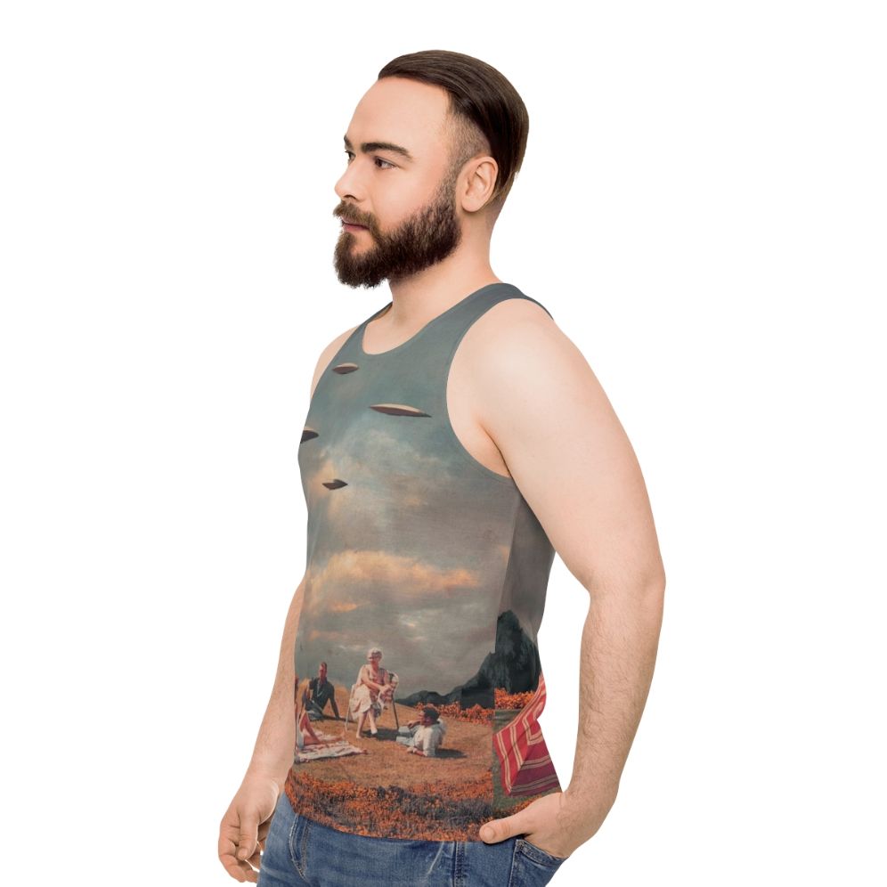 Unisex retro sci-fi tank top with surreal landscape design - men side