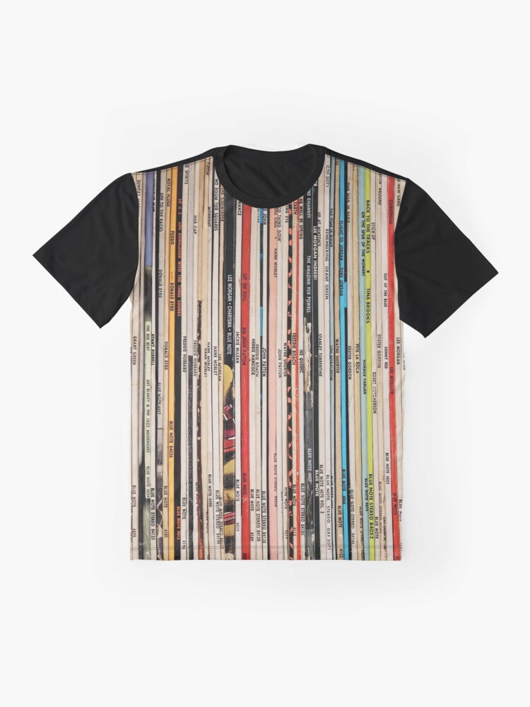 Blue Note Jazz Vinyl Graphic T-Shirt featuring iconic Blue Note album covers and artists - Flat lay