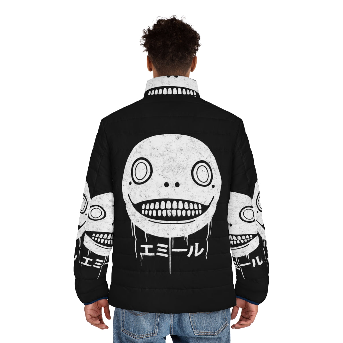 Emil Puffer Jacket - Nier Automata inspired video game merchandise featuring the iconic character Emil's head and smile - men back