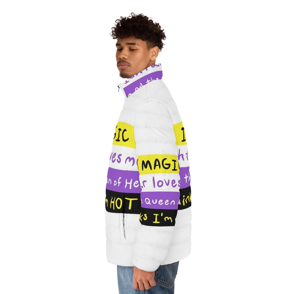 Ishtar-inspired nonbinary puffer jacket with magic and pride design - men side left