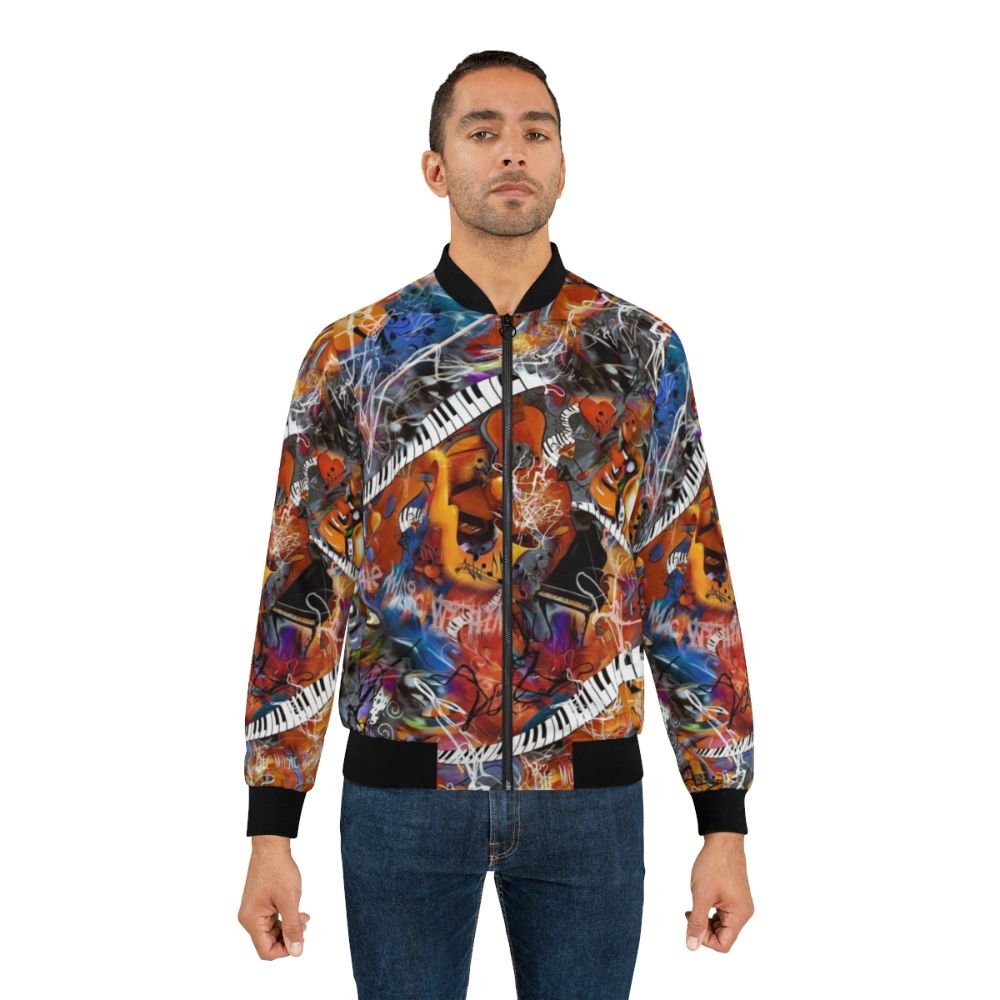 Abstract musical instruments scribble pattern on a black bomber jacket - Lifestyle