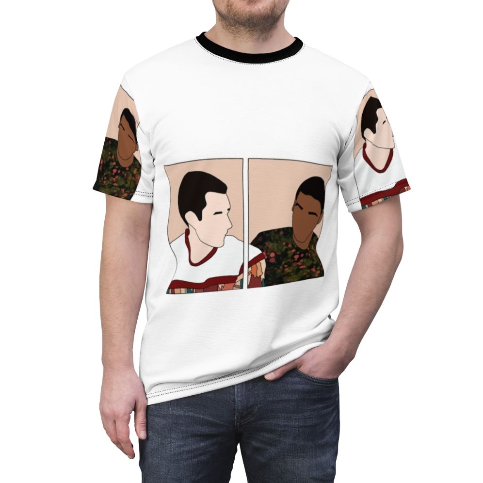 Vibrant and trendy Sex Education inspired t-shirt featuring the characters Adam and Eric - men front