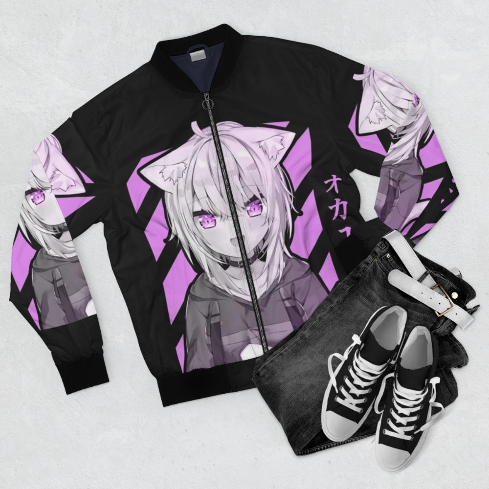 Nekomata Okayu design anime-themed bomber jacket with cat ears and colorful graphics - Flat lay