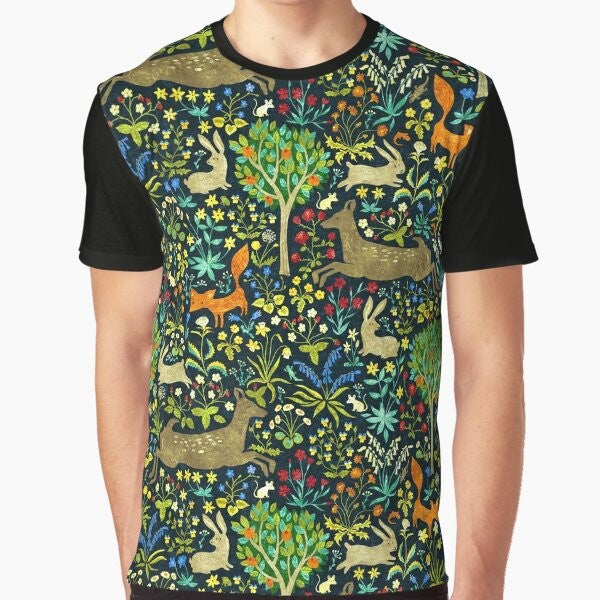 Arazzo Medievale medieval graphic t-shirt featuring animals like hares, rabbits, deer, and foxes in a forest setting