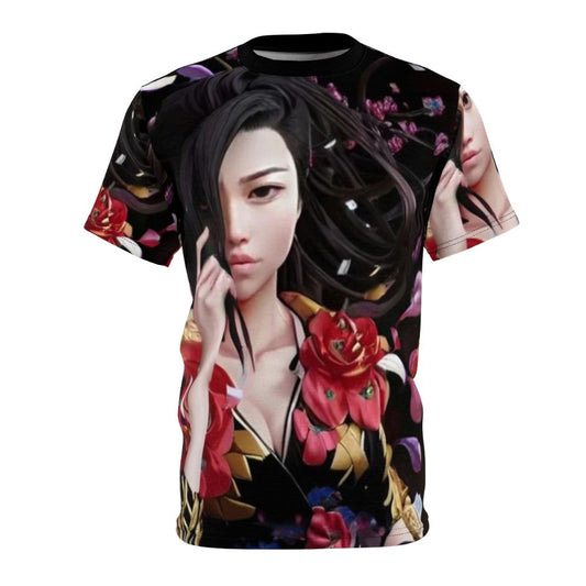 Vibrant t-shirt design featuring elements of Asian fusion art and culture