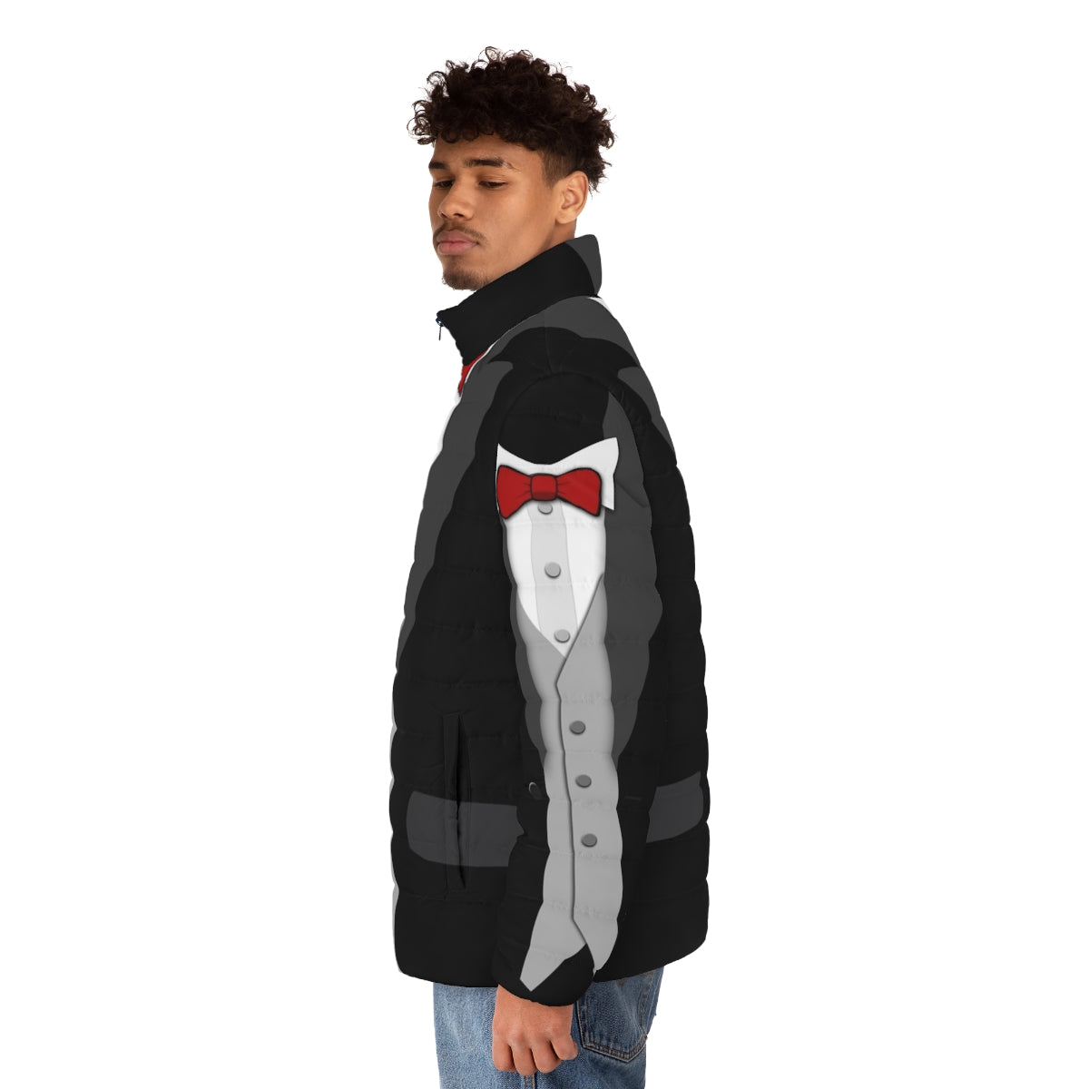 A black puffer jacket with a classic tuxedo look, featuring a red bowtie and vest for a unique formal style. - men side left