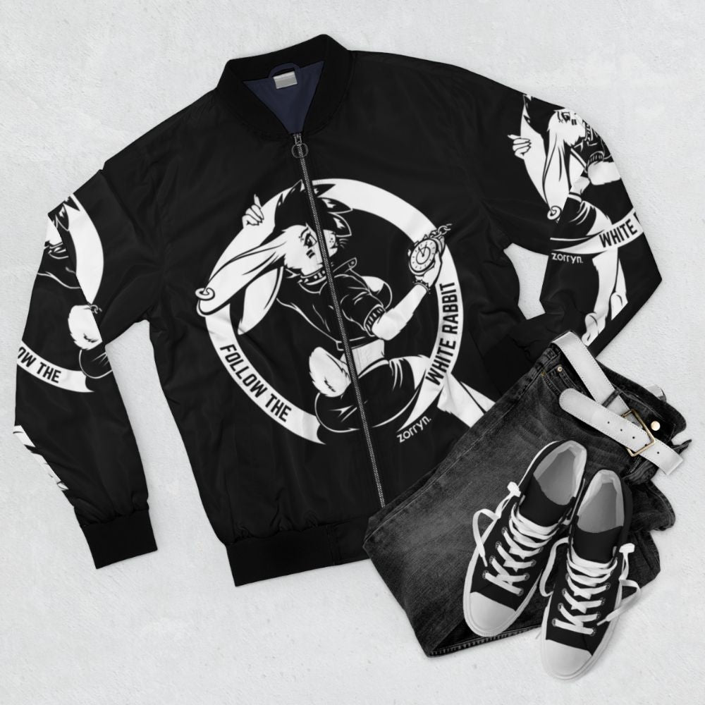 Rabbit bomber jacket with "Follow the White Rabbit" design - Flat lay