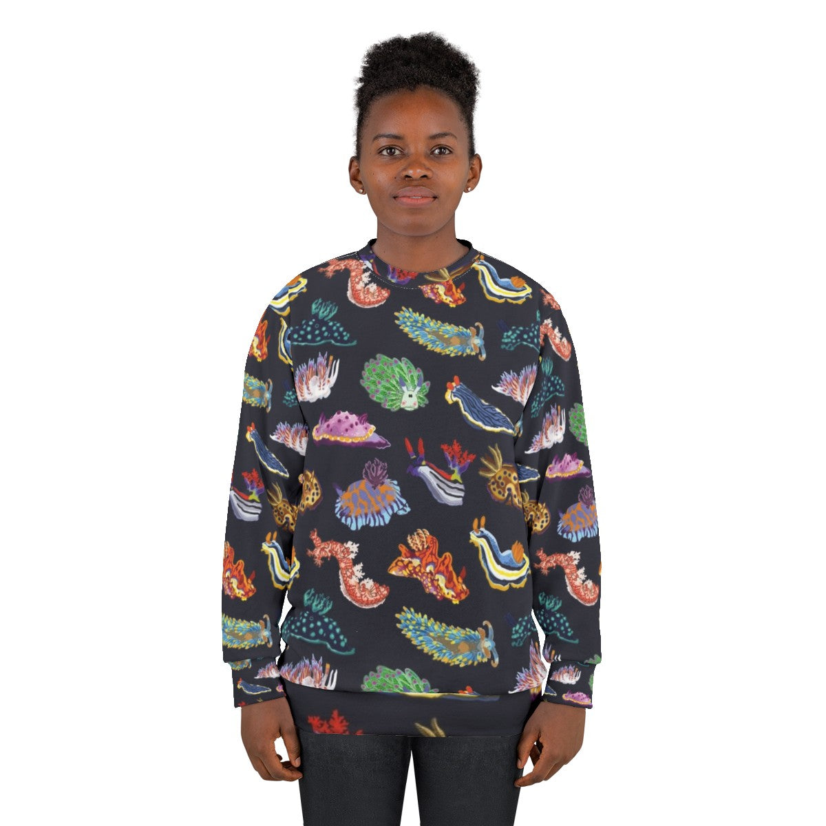 Colorful sea slug or nudibranch design on a sweatshirt - women