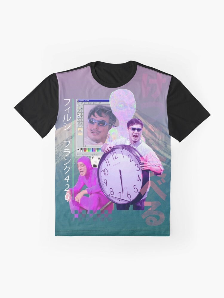 A stylish and vibrant t-shirt featuring the Filthy Frank character and 420 design elements in a vaporwave aesthetic. - Flat lay