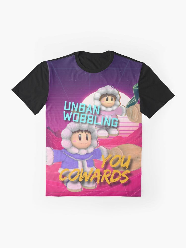 Graphic t-shirt design featuring the banned "wobbling" technique from the ice climbers character in Super Smash Bros. - Flat lay