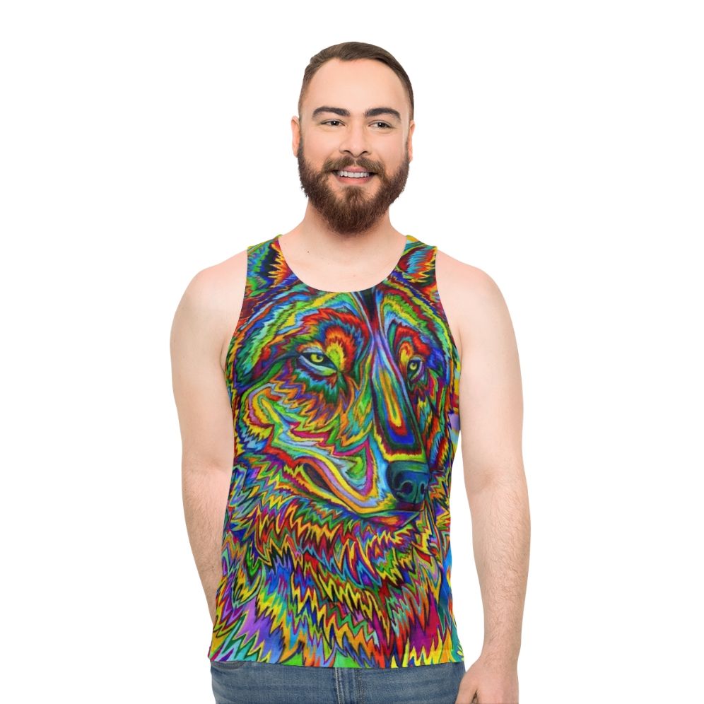 Colorful psychedelic rainbow wolf tank top design - men