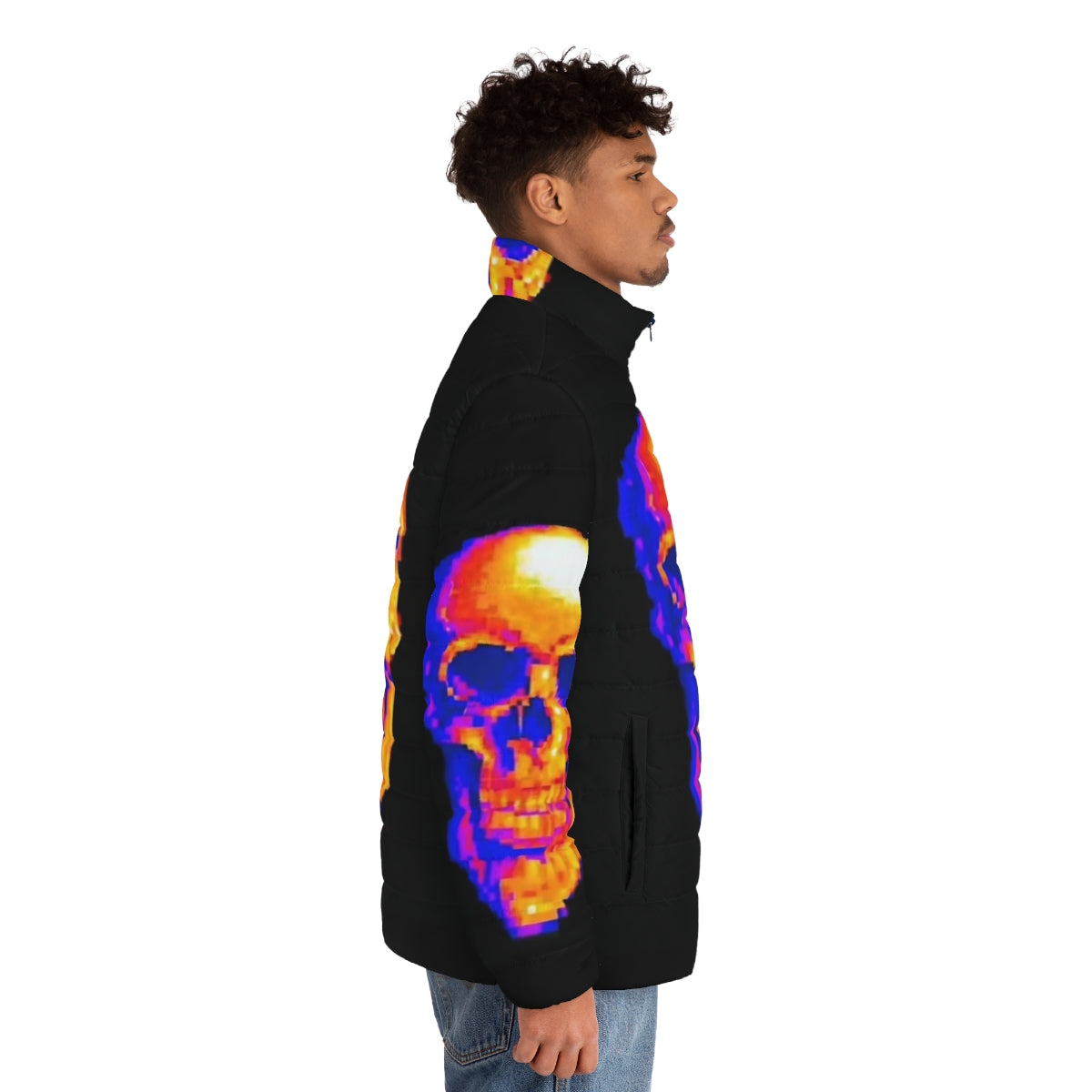 Mde Puffer Jacket featuring pixel art and a skull design - men side right