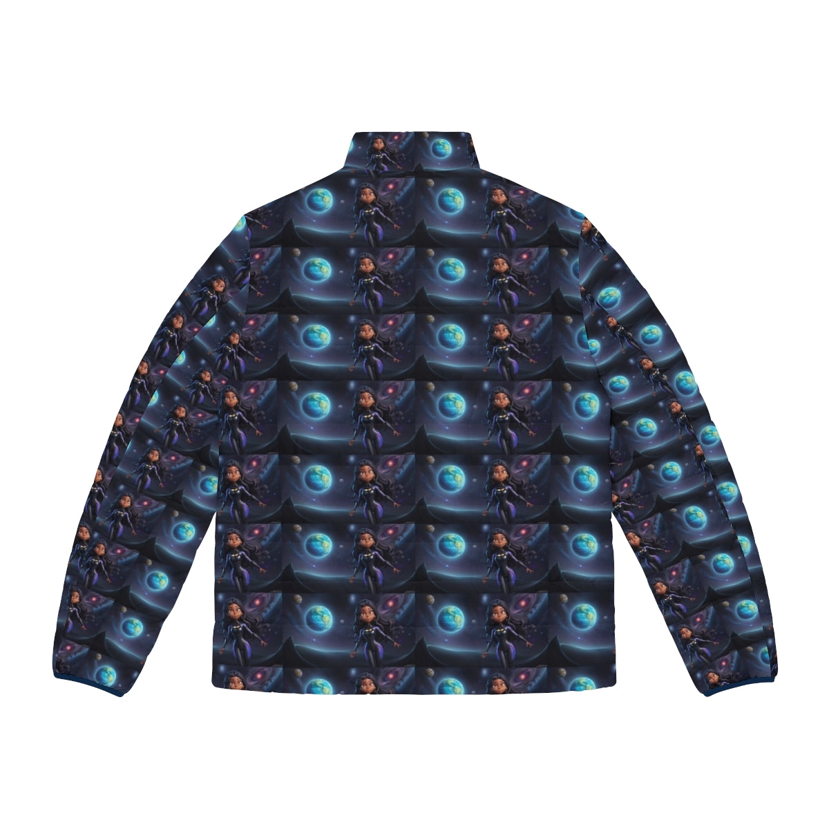 Colorful puffer jacket with space superhero design for adventurous kids - Back