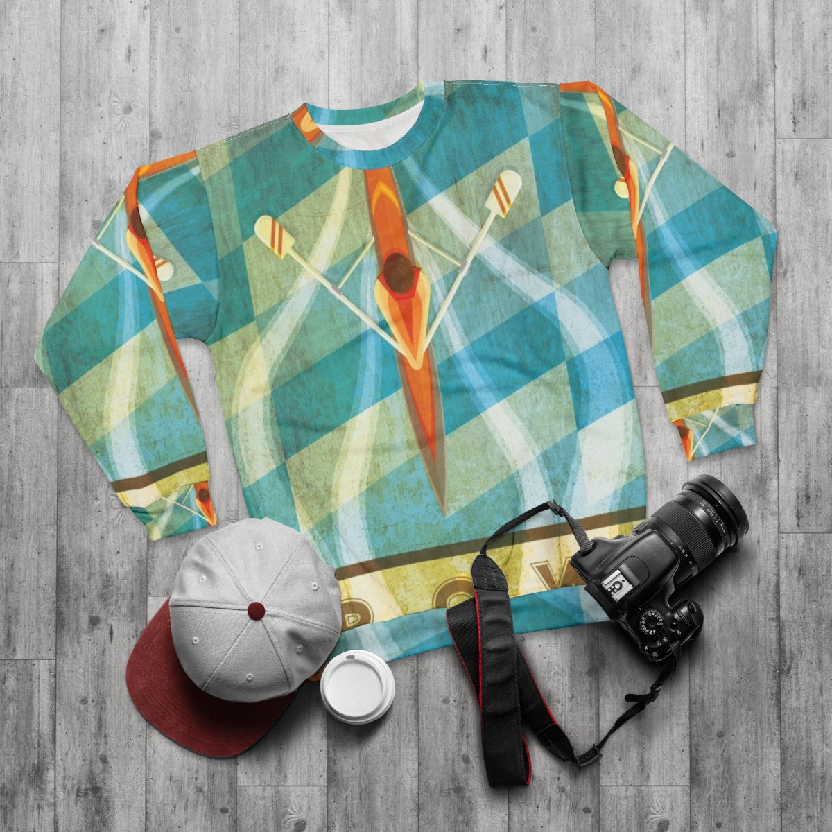 Sculling Sweatshirt with Oarsman and Water Imagery - flat lay