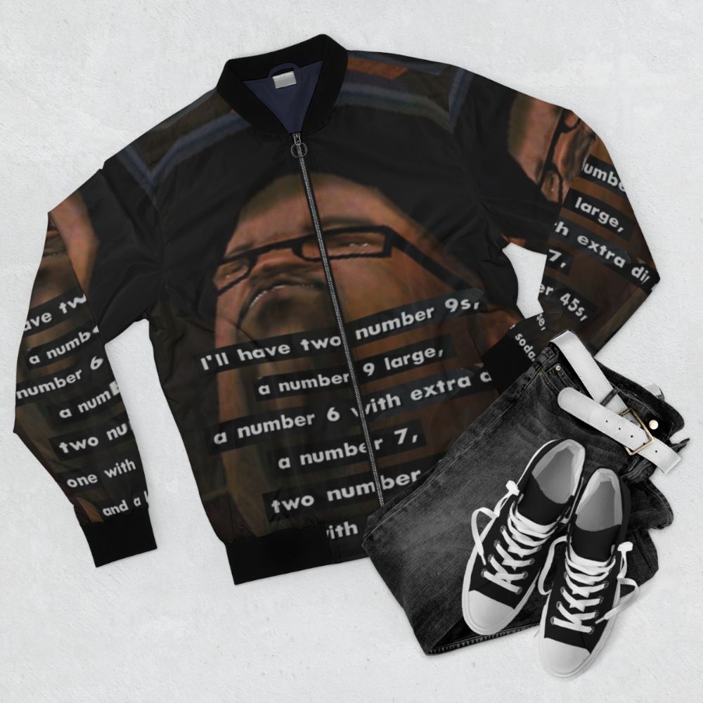 A bomber jacket featuring the iconic "Big Smoke's Order" meme from the video game Grand Theft Auto: San Andreas. - Flat lay