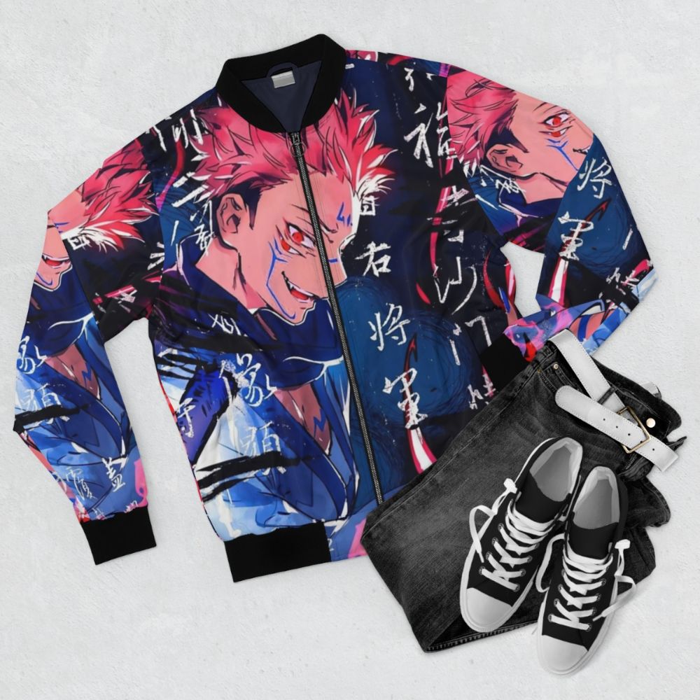 Jujutsu Kaisen anime inspired bomber jacket with characters Yuji Itadori and Gojo - Flat lay