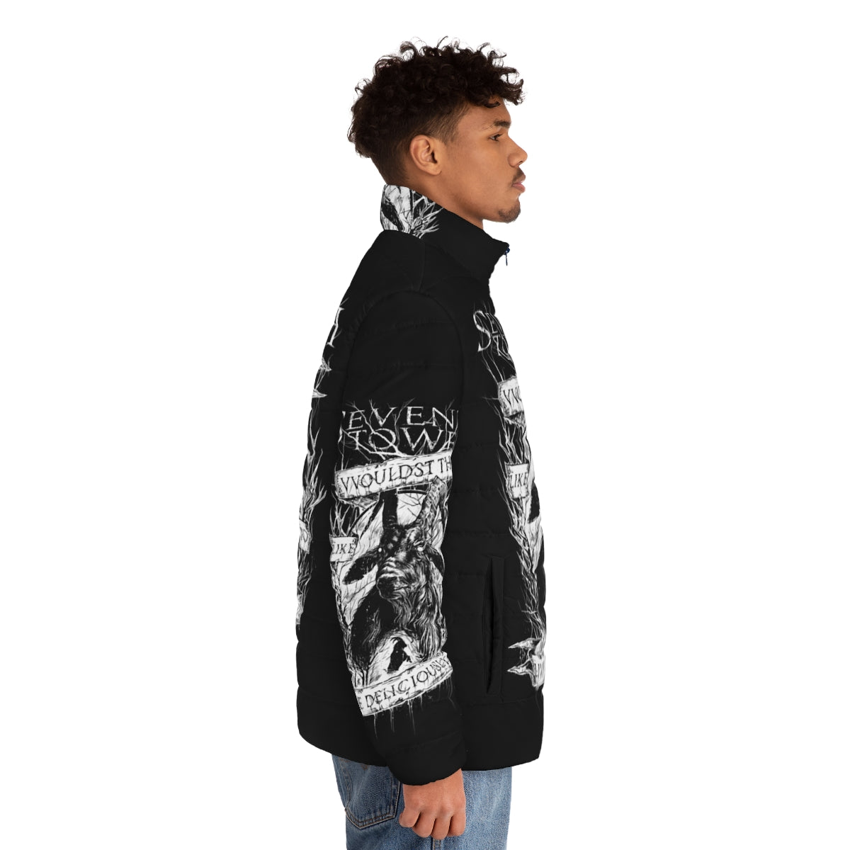 The Vvitch-inspired puffer jacket with occult and horror design - men side right