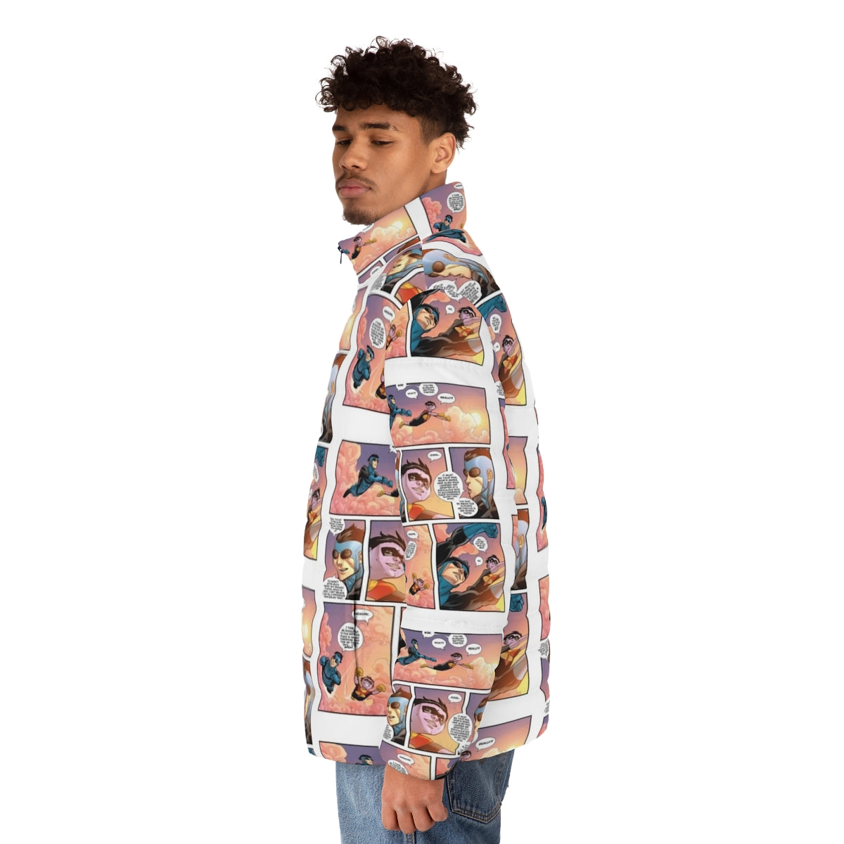 Superhero-inspired puffer jacket featuring Invincible and Omni Man characters - men side left