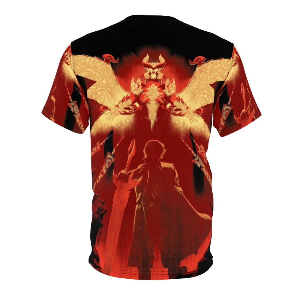 A stylish red t-shirt featuring a devil hunter character with a fire sword - Back