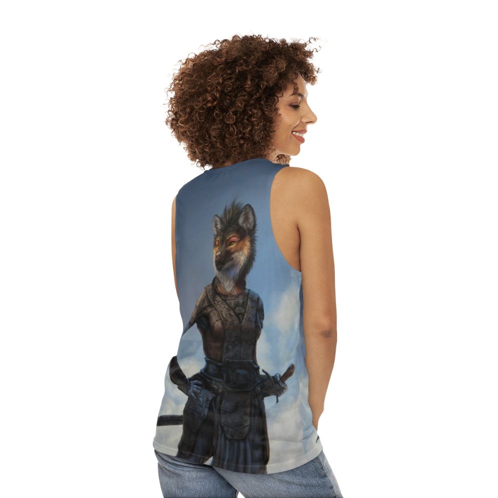 Unisex tank top with anthro canine warrior design - women back