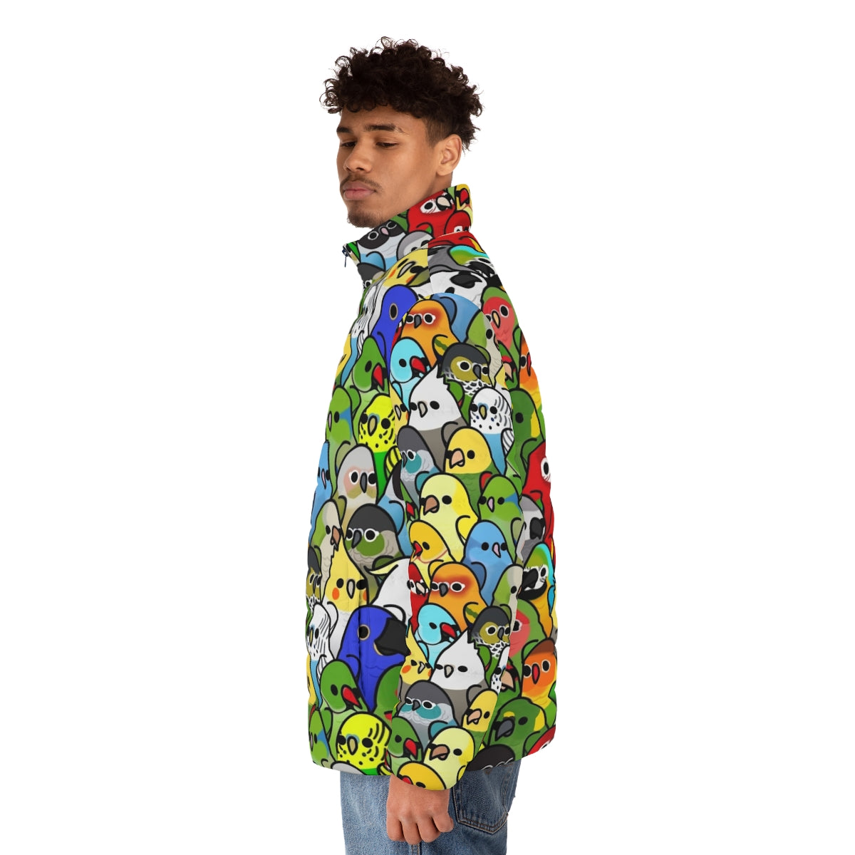 Too Many Birds Bird Squad Classic Puffer Jacket with a variety of colorful birds - men side left