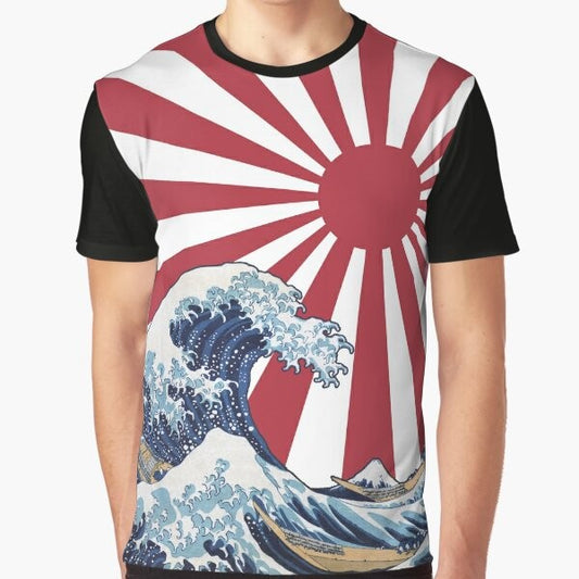 T-shirt design featuring the Great Wave off Kanagawa and the rising sun, representing Japanese culture and the "Land of the Rising Sun".