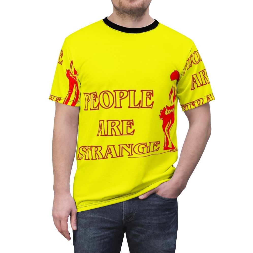 Mysterious and strange graphic t-shirt featuring people and references to The Doors and Stranger Things - men front