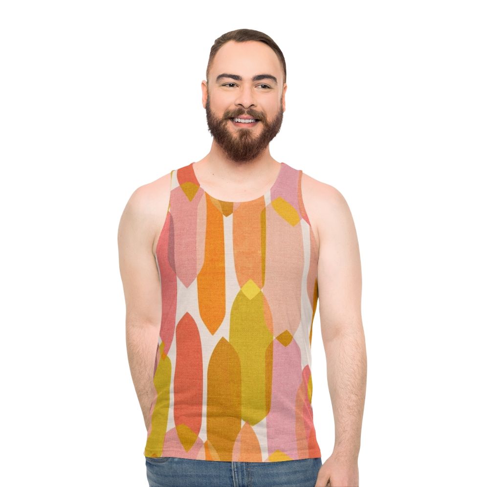 Vibrant mid-century inspired unisex tank top with abstract droplet pattern - men