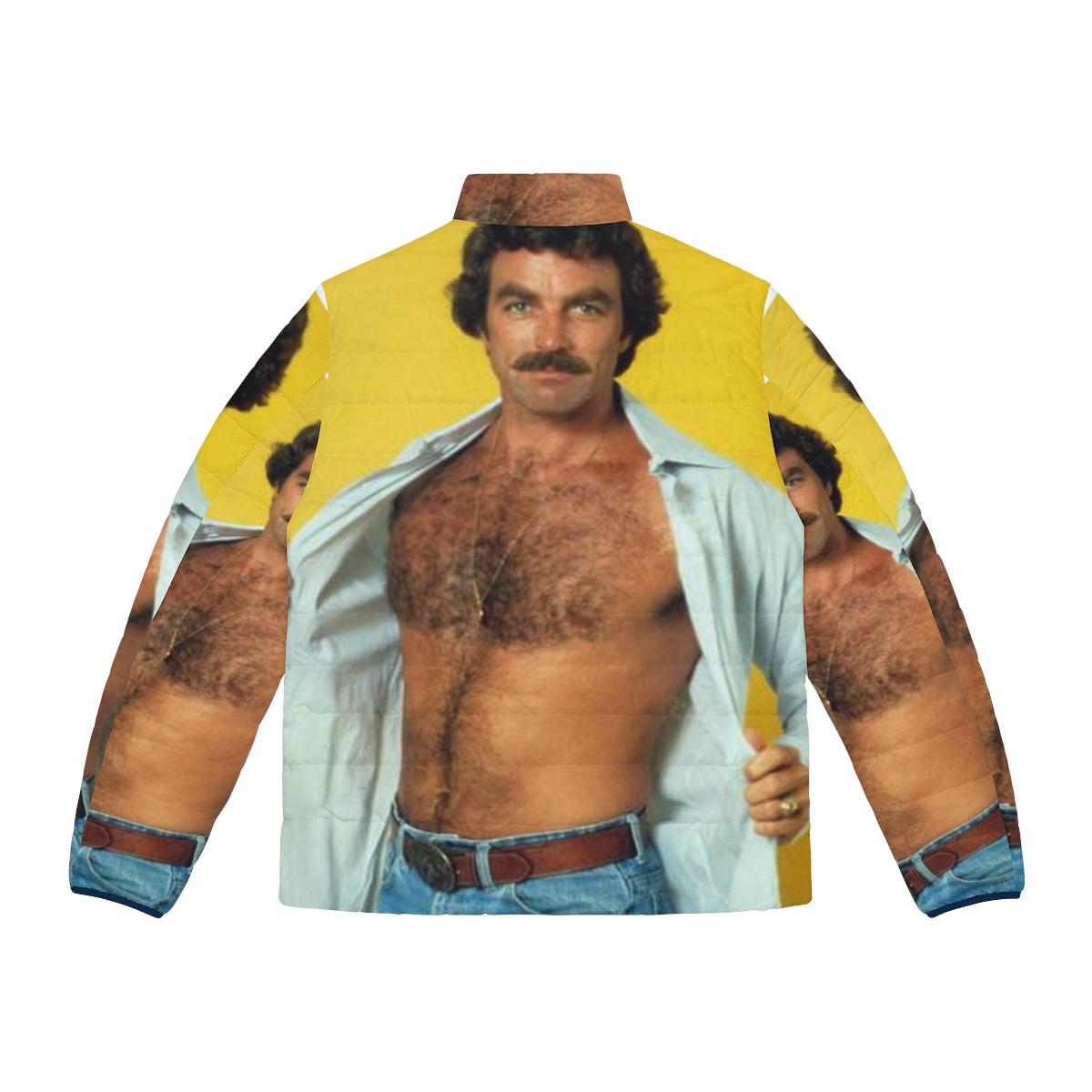 Tom Selleck wearing a classic puffer jacket, a must-have winter fashion item - Back