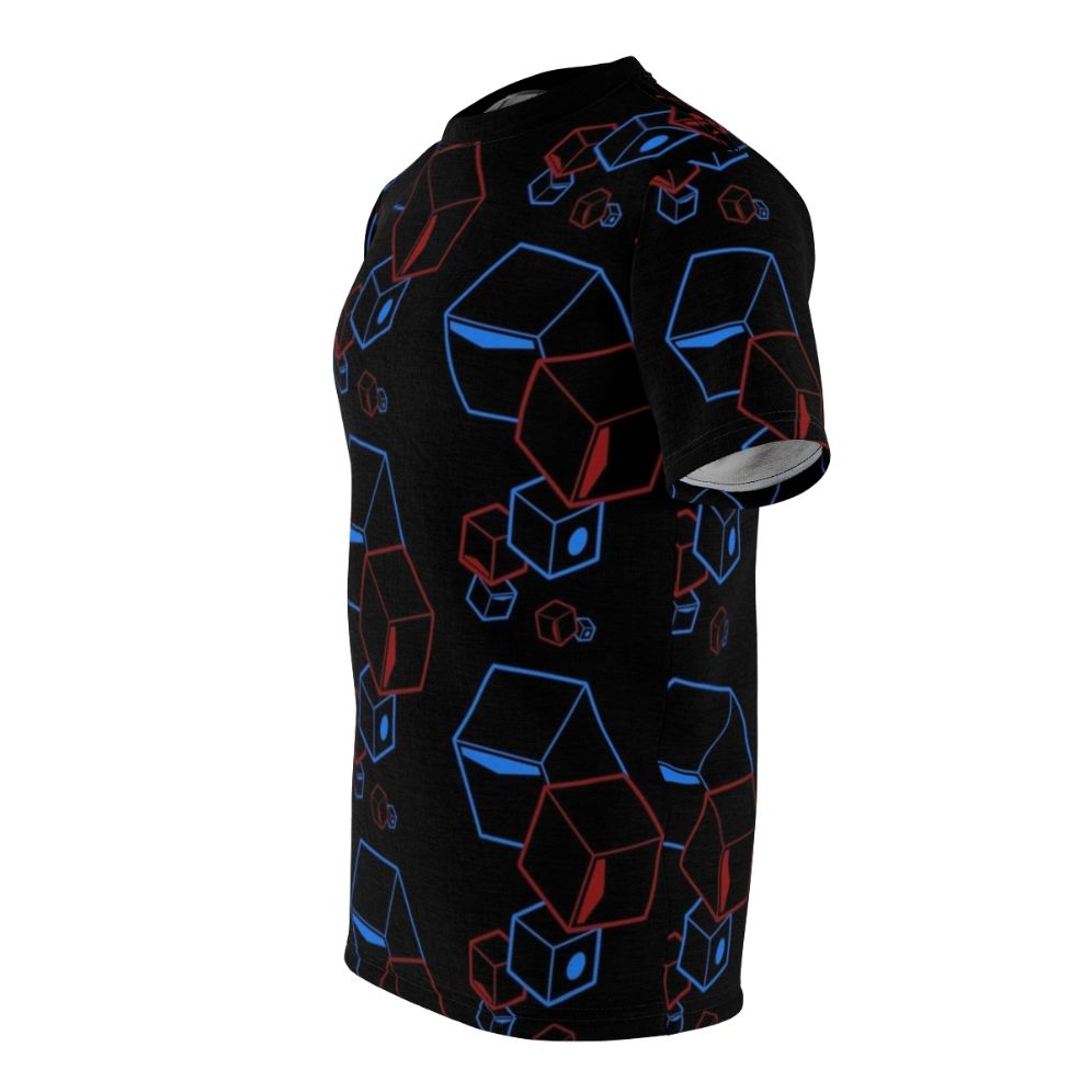 Vibrant custom t-shirt with Beat Saber-inspired design featuring floating colorful blocks - men left