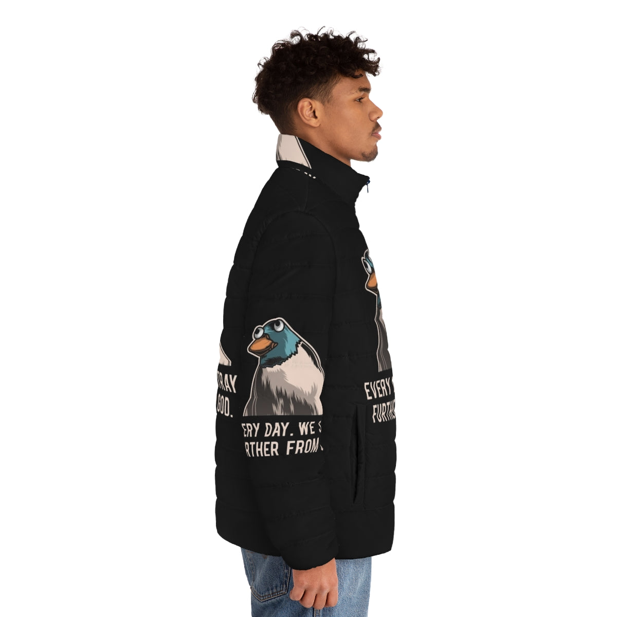 Everyday We Stray Further From God Meme Puffer Jacket with Platypus Design - men side right