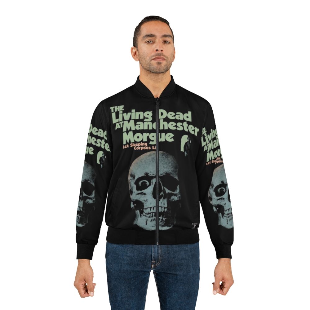 Vintage bomber jacket with a horror-inspired zombie and morgue design - Lifestyle