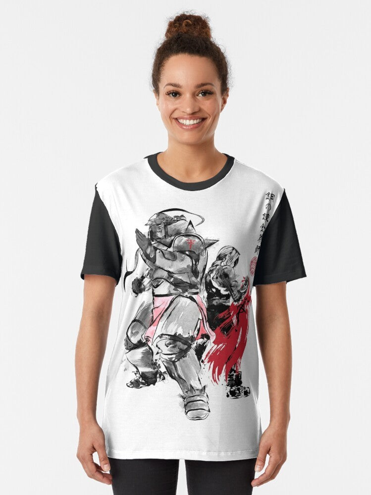 Fullmetal Alchemist: Brotherhood Sumi-e Graphic T-Shirt featuring the homunculus symbol and characters Edward and Alphonse Elric - Women