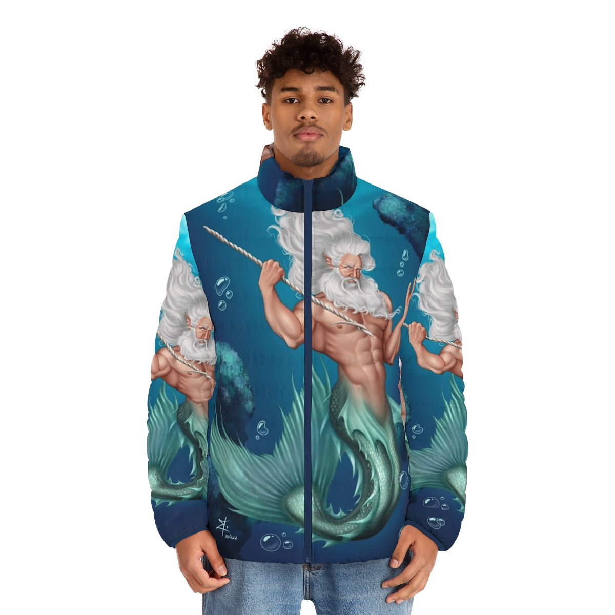 Glaukos Puffer Jacket - Merman inspired puffer jacket with oceanic and mythological design elements - men front